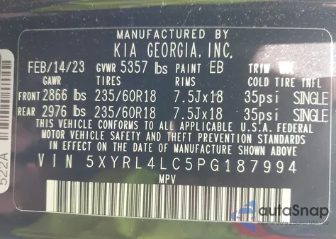 2023 Kia Sorento S из США, поврежденный, VIN 5XYRL4LC5PG187994